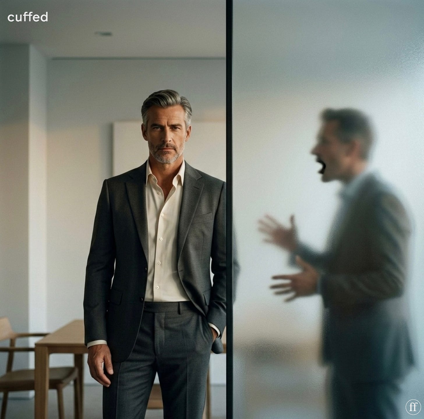 cinematic square image for cuffed musing 081 “the fog.” cream identity layout. lowercase black serif text flush-left reading “musing 081” and “the fog.” black fused “ff” logo bottom-right. author stands calm and grounded in a charcoal suit before a frosted glass wall. behind the glass, a blurred male silhouette gestures mid-sentence, distorted and unclear. mood: psychological tension, clarity versus confusion, masculine introspection about circular conversations and word salad.