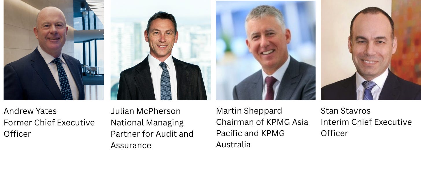 Andrew Yates, Julian McPherson, Stanley Stavros, Martin Sheppard - KPMG leadership implicated in the KPMG Audit Leak Scandal. 
