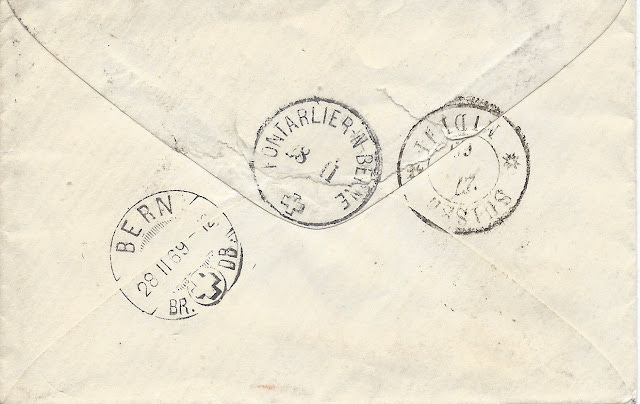 Back of 1869 envelope from Belgium to Switzerland