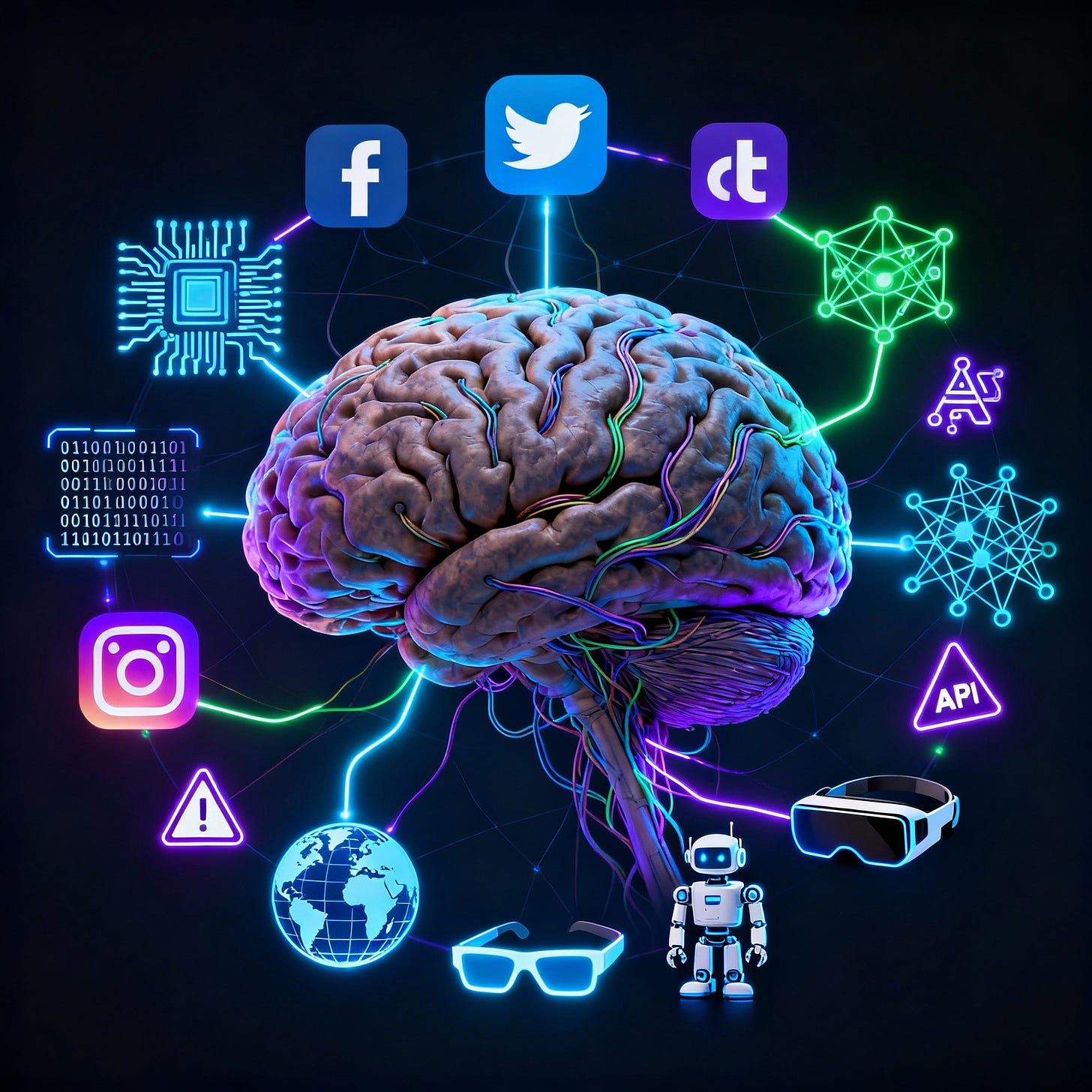 A hyper-realistic brain with neural connections to glowing tech, social, and cultural icons.