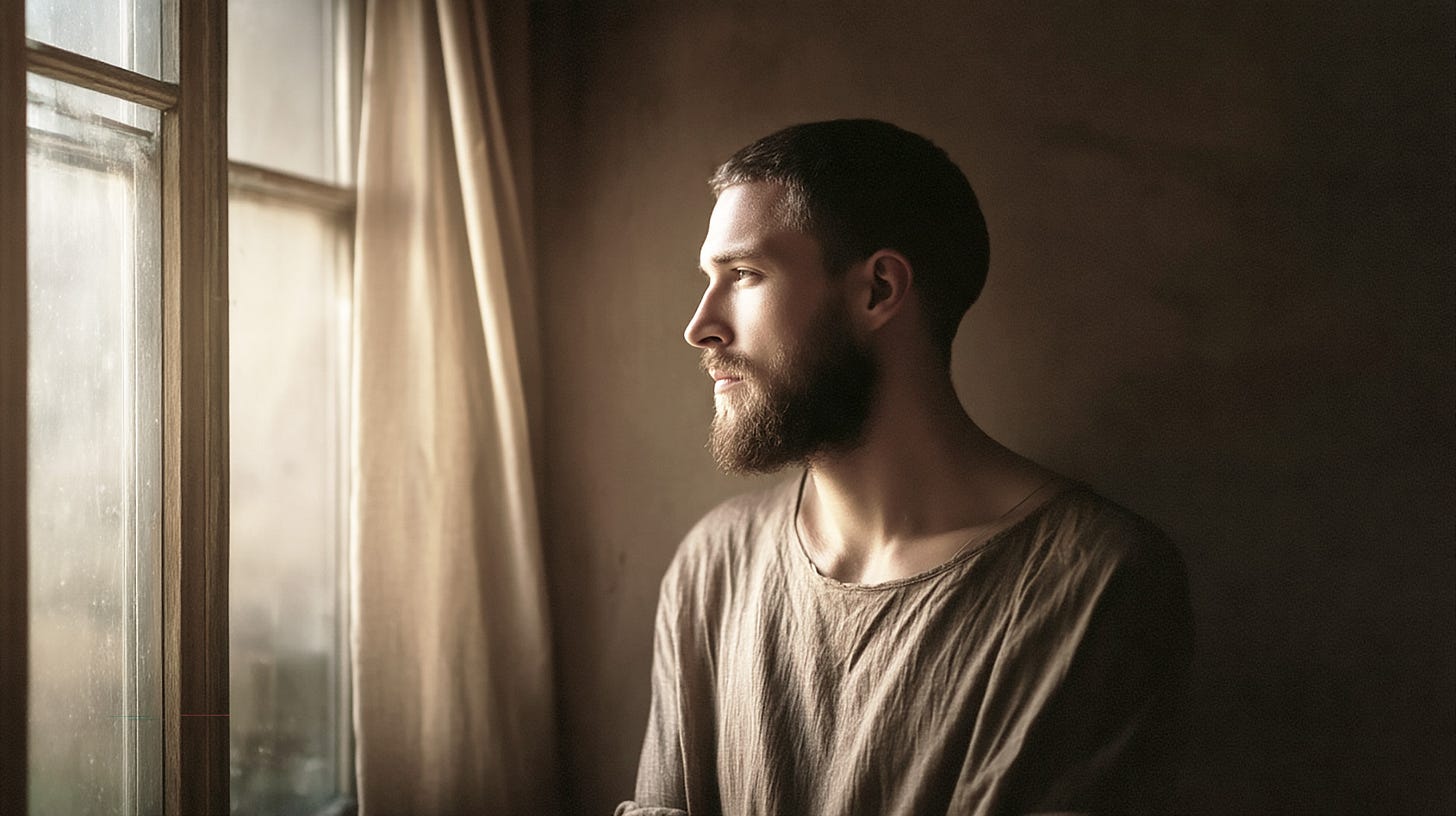 A man stands by a window in soft morning light, gazing outward with a calm and reflective expression as clarity settles in.