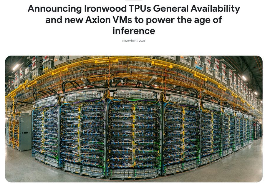 Panoramic view of a large data center room filled with multiple rows of yellow server racks connected by cables and networking equipment, illuminated by overhead lights, showcasing high-density computing hardware setup. Inset text overlay announces Ironwood TPUs general availability and new Axion VMs for the age of inference dated November. Another image shows close-up of green circuit boards with multiple black rectangular chips and orange components mounted on them, connected in a rack within a dimly lit server environment. Panoramic view of a large data center room filled with multiple rows of yellow server racks connected by cables and networking equipment, illuminated by overhead lights, showcasing high-density computing hardware setup. Inset text overlay announces Ironwood TPUs general availability and new Axion VMs for the age of inference dated November. Another image shows close-up of green circuit boards with multiple black rectangular chips and orange components mounted on them, connected in a rack within a dimly lit server environment.