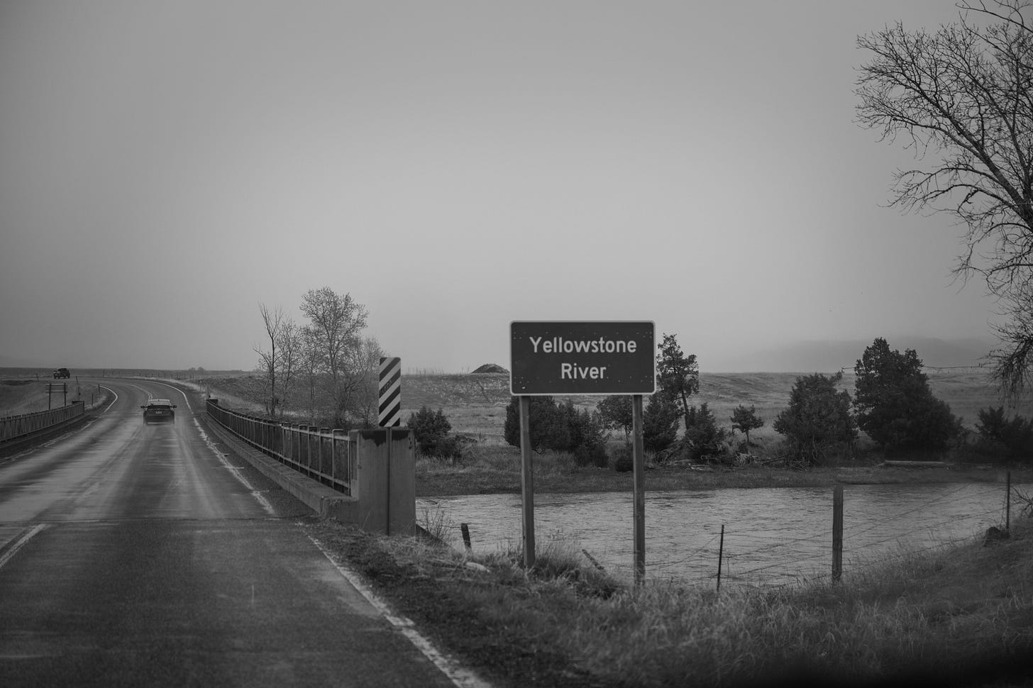 Bridge over the Yellowstone River during a spring rainstorm.