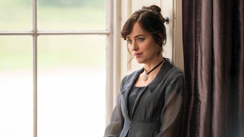 A scene from the film Persuasion, depicting Dakota Johnson as Anne Elliott