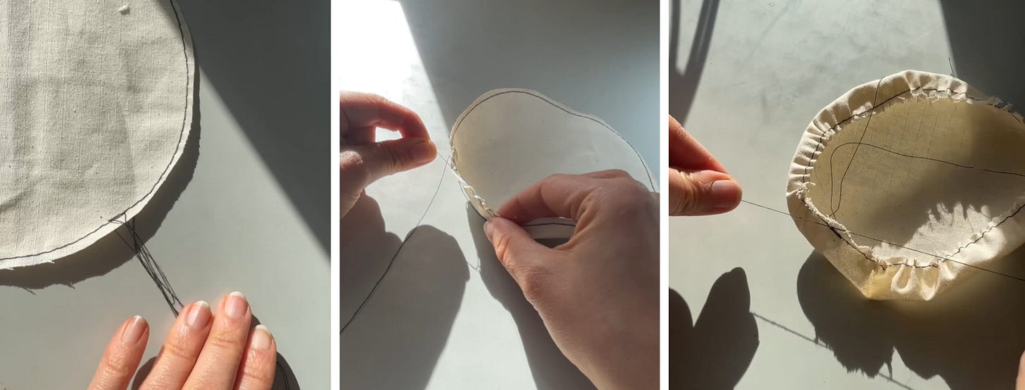 3 photos of the modern pocket process. Sewing basting stitch and 2 shots of pulling one of the threads to gather the edges inward. 3 photos of the modern pocket process. Sewing basting stitch and 2 shots of pulling one of the threads to gather the edges inward.
