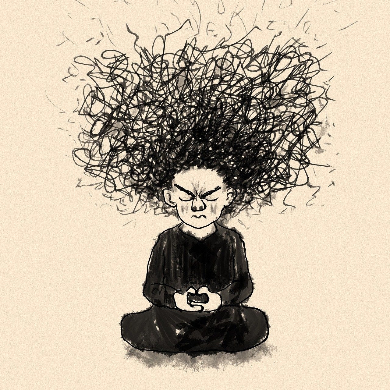 Ink sketch of a meditator sitting cross-legged with an explosion of wild, chaotic scribbles radiating from their head like tangled thoughts. Exaggerated frustrated expression. Humorous illustration of the untamed meditation mind.