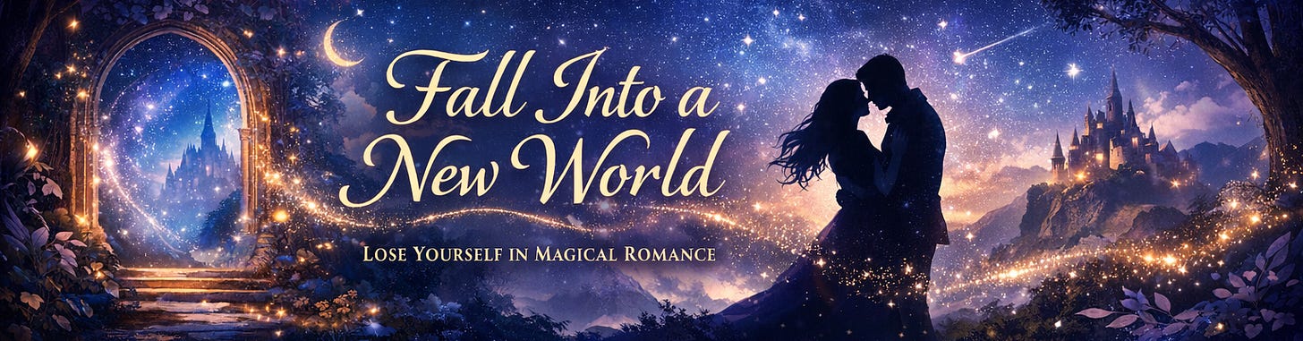 Promotional banner for Fall Into a New World, featuring a romantic couple beneath a starry sky, glowing magic, castle portals, and the tagline “Lose Yourself in Magical Romance.”