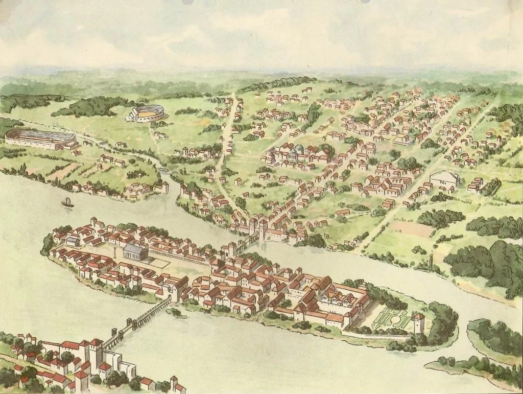 Gallo-Roman Paris, then known as Lutetia. La Documentation par l'Image, illustration circa 1953, public domain. Gallo-Roman Paris, then known as Lutetia. La Documentation par l'Image, illustration circa 1953, public domain.