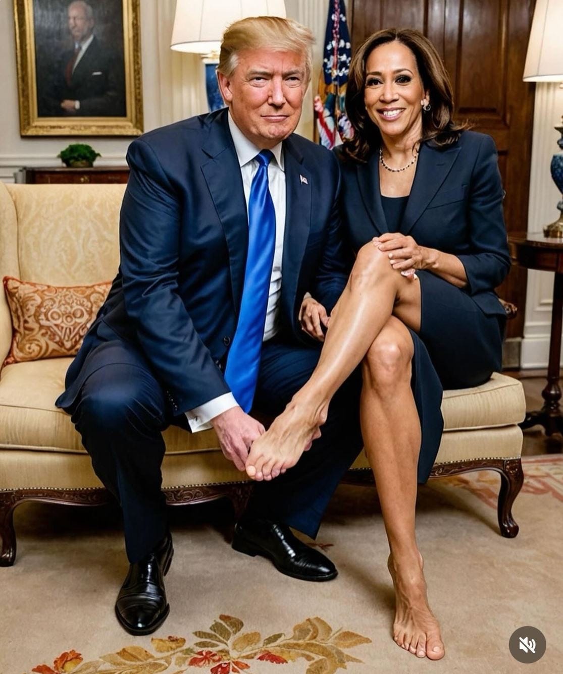 two politicians, a man and woman, in formal outfits sitting side by side. the man is holding the woman's bare foot and smiling at camera