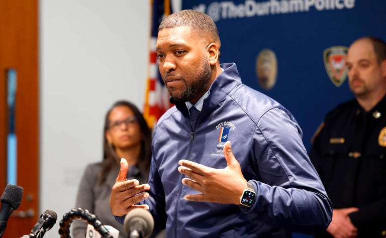 Durham Mayor Leonardo Williams speaks during a press conference at police headquarters Friday, April 12, 2024. Mayor Williams and Durham Police Chief Patrice Andrews spoke about the five people shot in Durham Thursday that included a 16-year-old boy who died at the hospital.