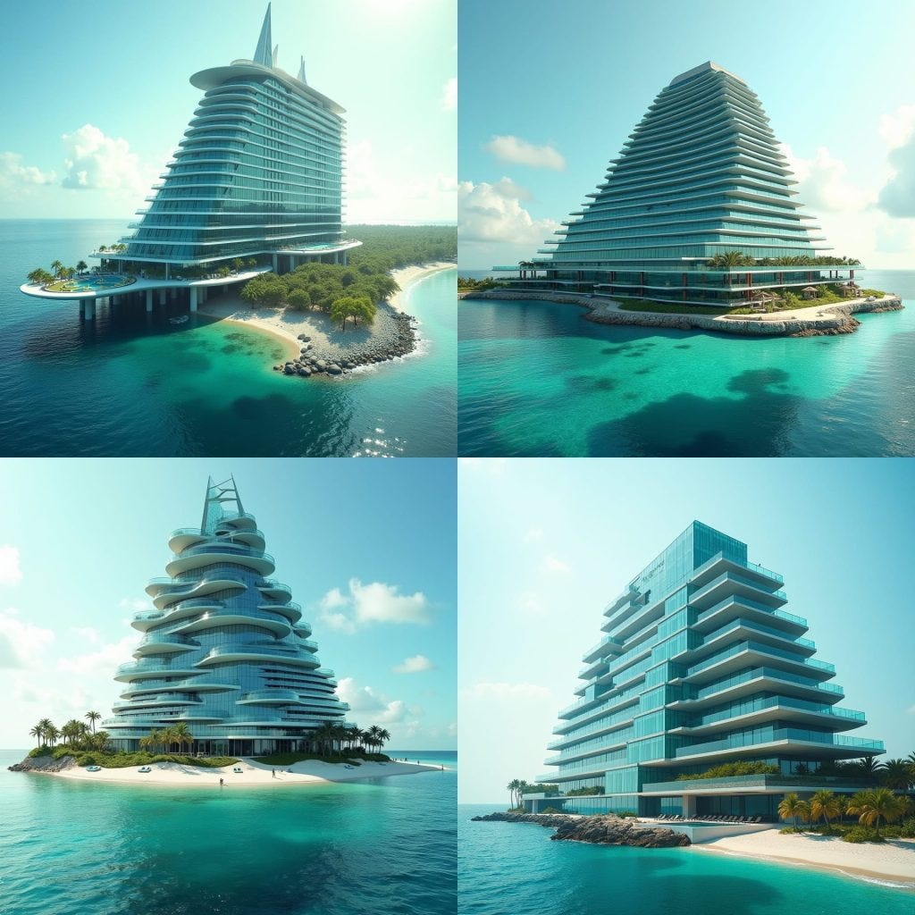 A sleek, pyramid modern 20-story glass hotel stands prominently on Caribbean beechline, its Protruding windows, multiple swimming suspending above ground and on the ground merging into sea. platforms