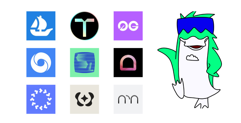 A grid of nine square logos in various colors, including blue, black, purple, and white, each featuring distinct symbols like a sailboat, letter T, and abstract shapes. A cartoon character resembling a green and white penguin with a blue headband stands to the right, smiling and pointing with one flipper.