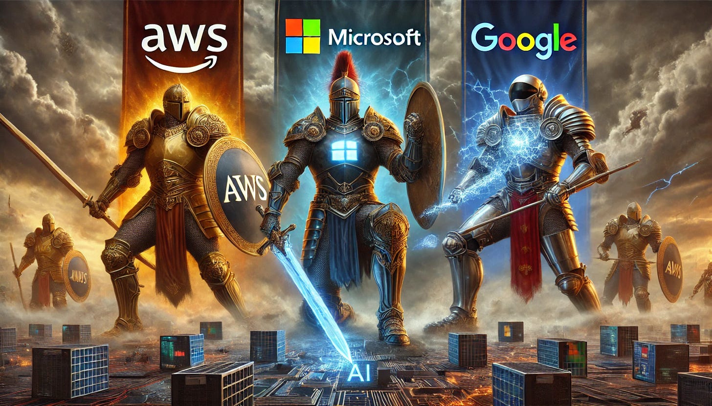 A highly detailed digital painting of a battlefield where Amazon AWS, Microsoft, and Google are depicted as armored warriors fighting over AI-powered LLM models. AWS is represented as a powerful warrior in golden armor with the AWS logo on its chest and a cloud-shaped shield. Microsoft appears as a knight in blue and silver armor, carrying a shield with the Microsoft logo. Google is a futuristic warrior in red and yellow, wielding a glowing AI staff with the Google logo emblazoned on it. The battlefield is stormy with lightning bolts and digital data streams clashing. The warriors' armor and banners clearly display their respective company logos.
