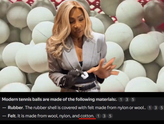 Serena Williams stands in front of numerous white spherical objects, wearing a gray blazer, black top, and gloves. Her blonde hair is visible. Text overlay reads, "Modern tennis balls are made of the following materials: 1 3 5 - The rubber shell is covered with felt made from nylon or wool. 1 3 5 - Felt is made from wool, nylon, and cotton. 1 3 5." Serena Williams stands in front of numerous white spherical objects, wearing a gray blazer, black top, and gloves. Her blonde hair is visible. Text overlay reads, "Modern tennis balls are made of the following materials: 1 3 5 - The rubber shell is covered with felt made from nylon or wool. 1 3 5 - Felt is made from wool, nylon, and cotton. 1 3 5."