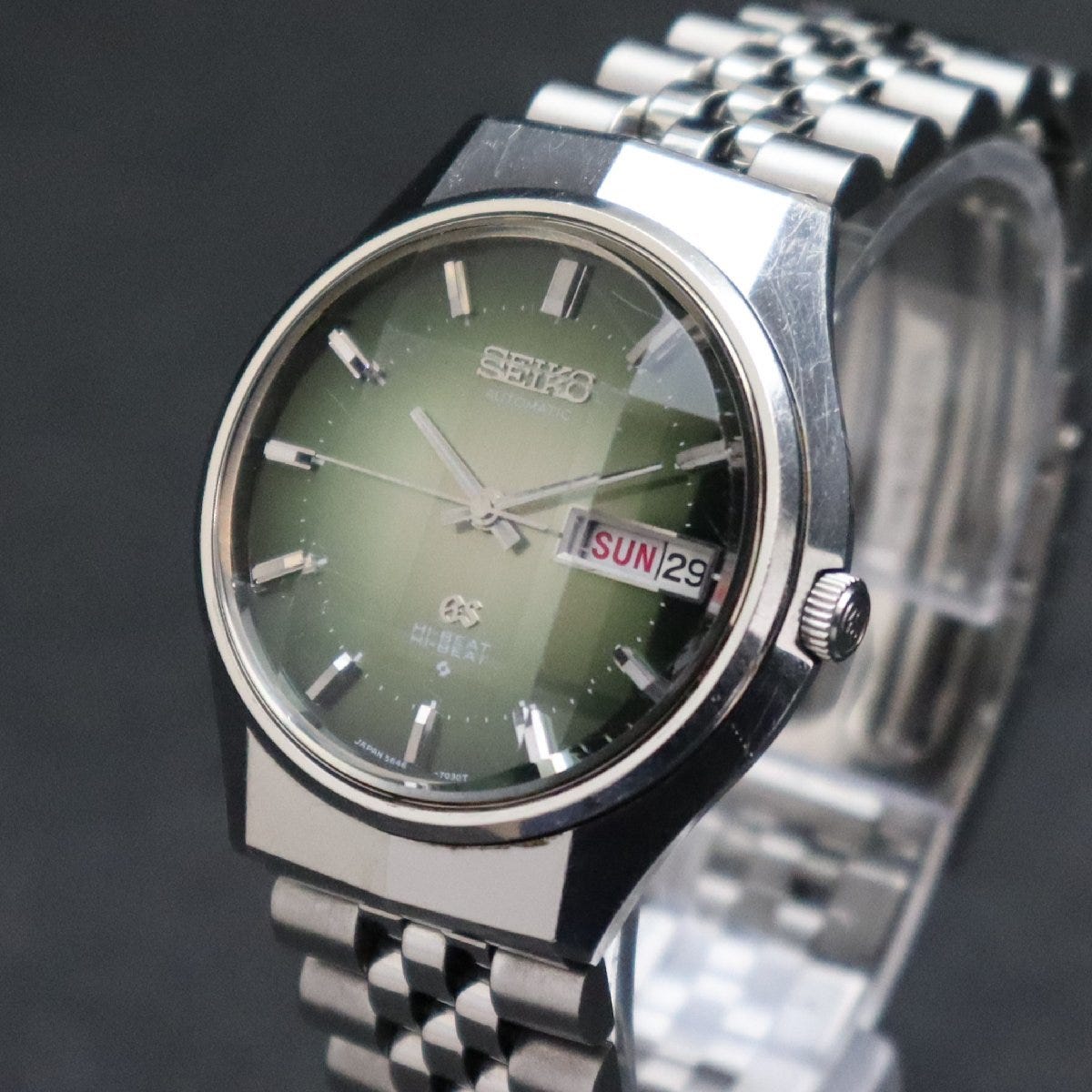 SEIKO 56GS グランドセイコー ハイビート 自動巻 5646-7020 グリーン文字盤 9面カットガラス 1973年 諏訪 GSメダリオン デイデイト メンズ