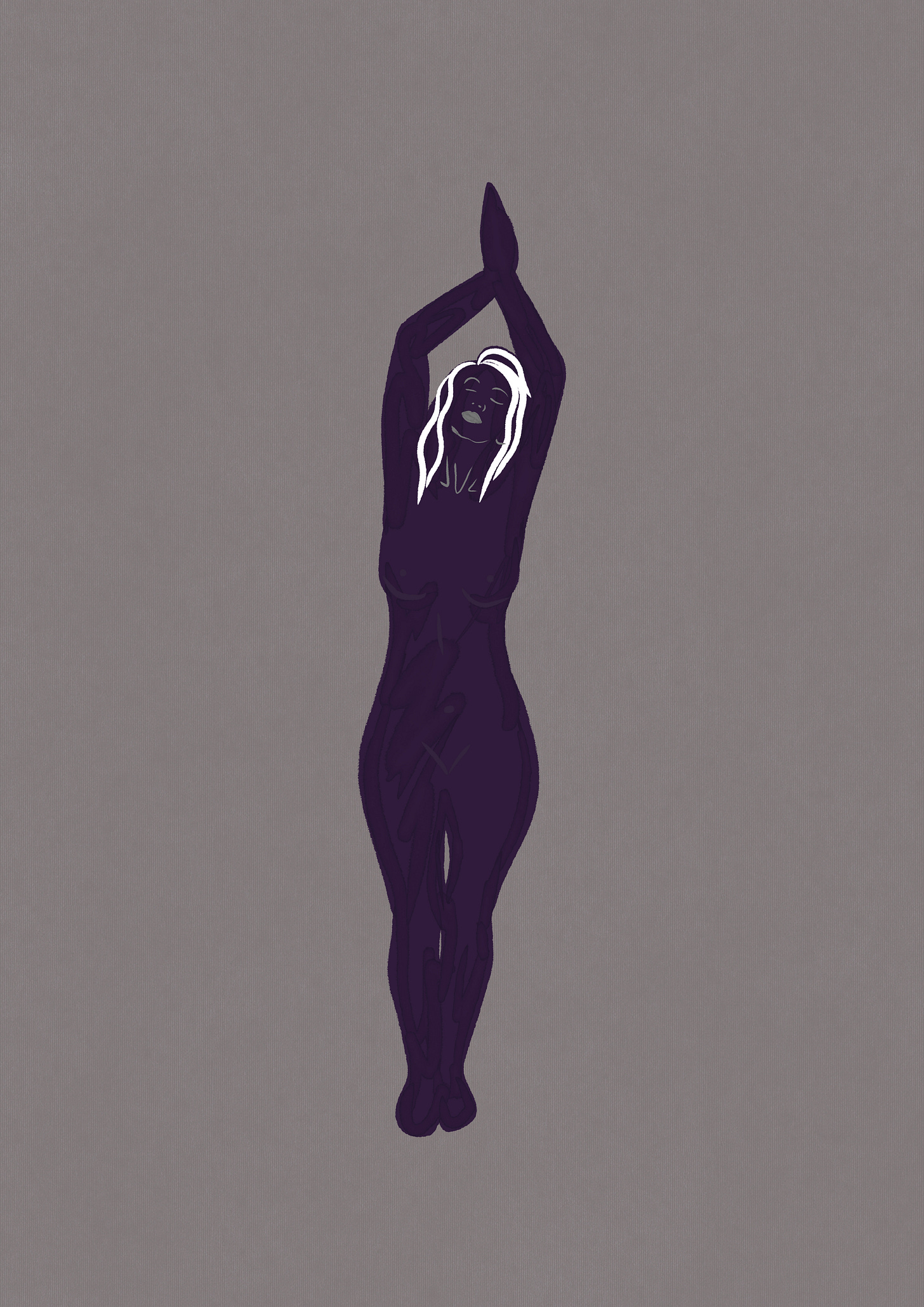 Illustration of a serence woman, drawn in purple against a grey background, her arms above her head and her eyes closed