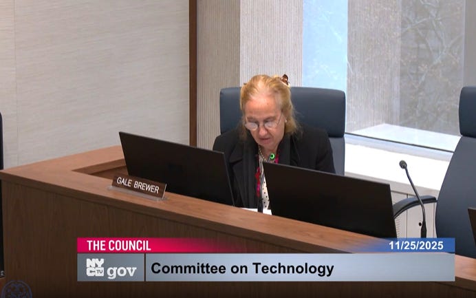 A still image of NYC Council Member Gale Brewer from a video recording of a hearing held by the NYC Council's Committee on Technology.