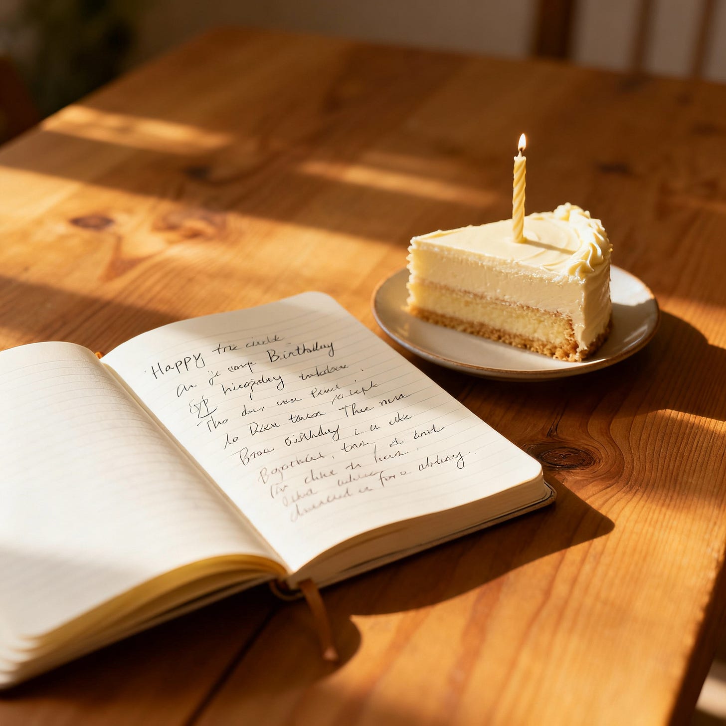 A piece of cake with a candle on a plate next to a book

AI-generated content may be incorrect.
