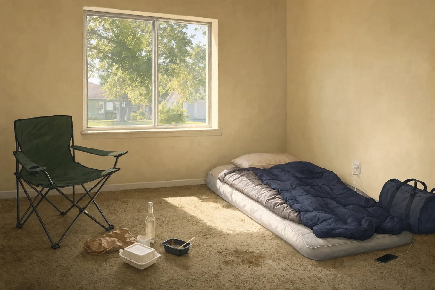 Empty room with worn carpet where someone has been living without furniture, a mattress and sleeping bag on the floor, a folding camp chair and a duffel bag