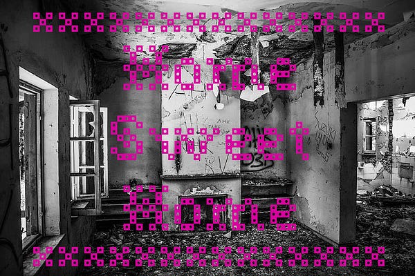 An abandoned house with graffiti and black mold on the walls. Overlaid in needlepoint font are the words 'Home Sweet Home.'
