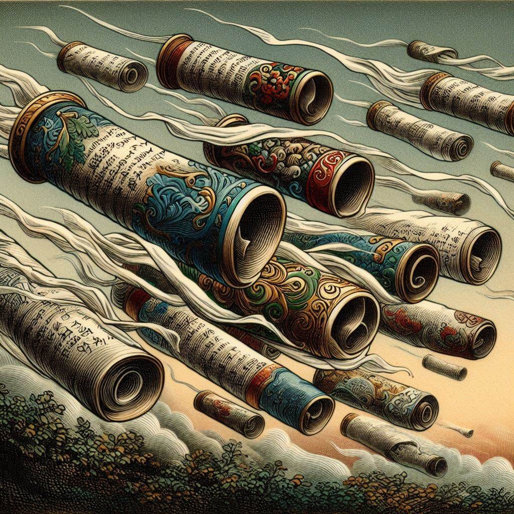 scrolls blowing in the wind, 1900-style illustration, colored etching