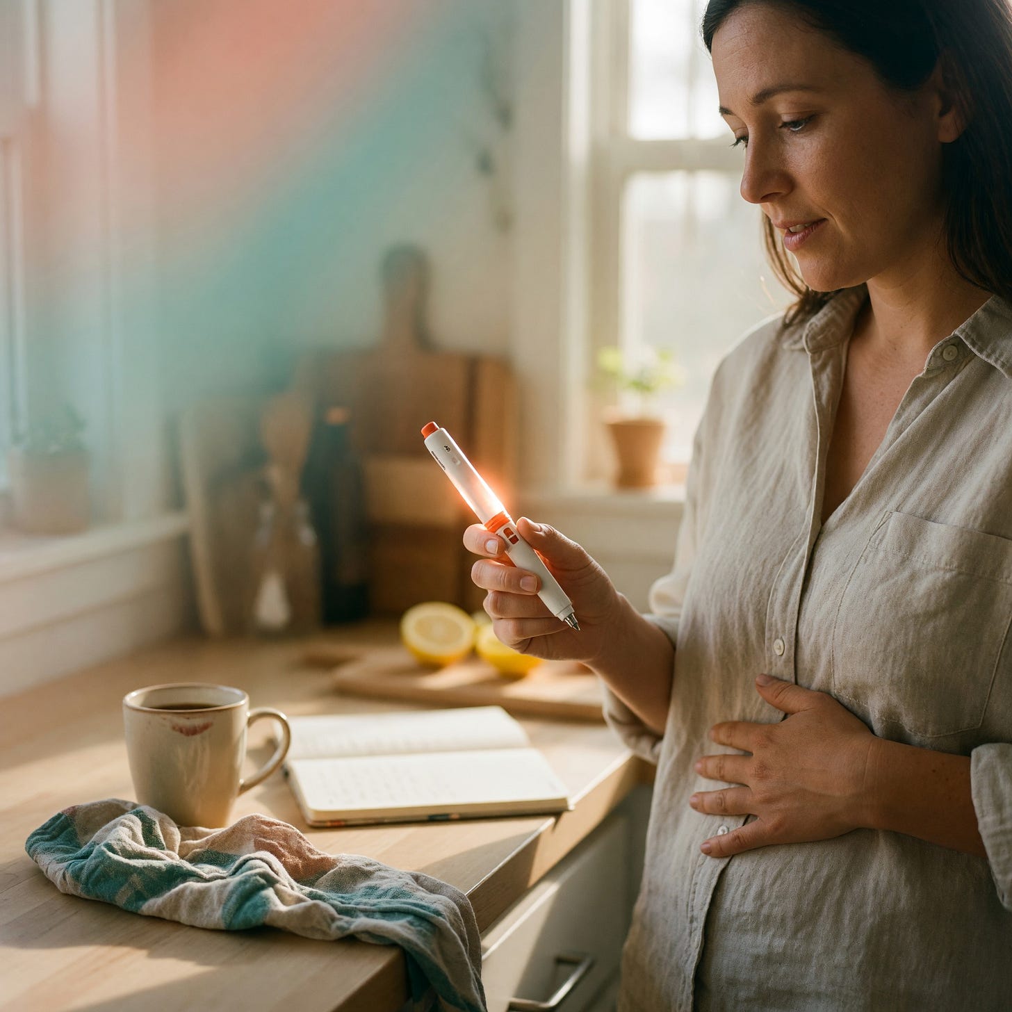 A woman in a warm morning kitchen holds a GLP-1 injection pen, her other hand resting on her stomach, pausing before injecting