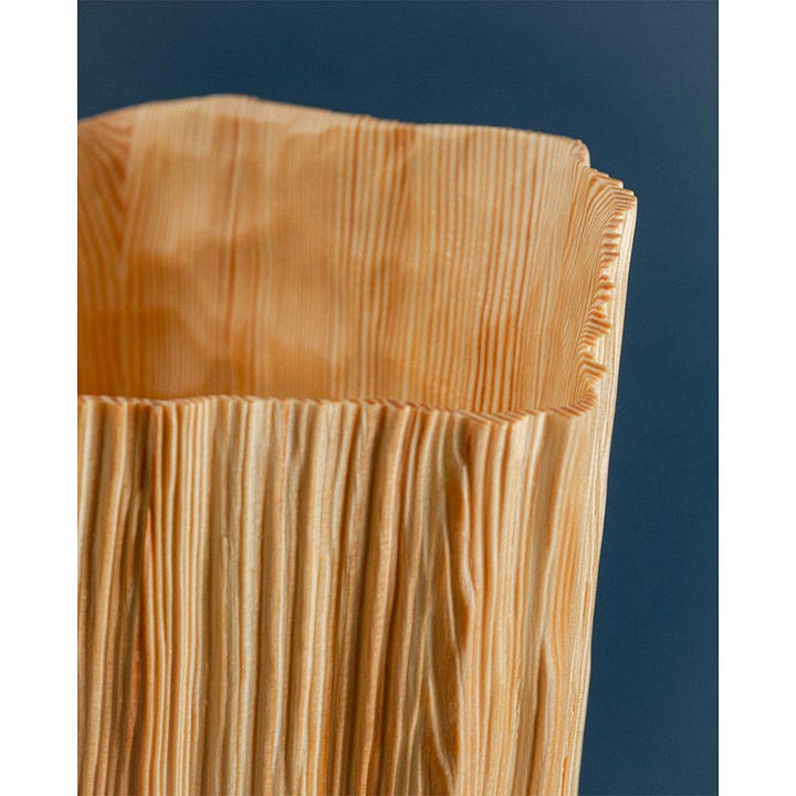 Wood Pleats Bench No. 3, Wood Pleats Vase No. 7 by Didi Ng
