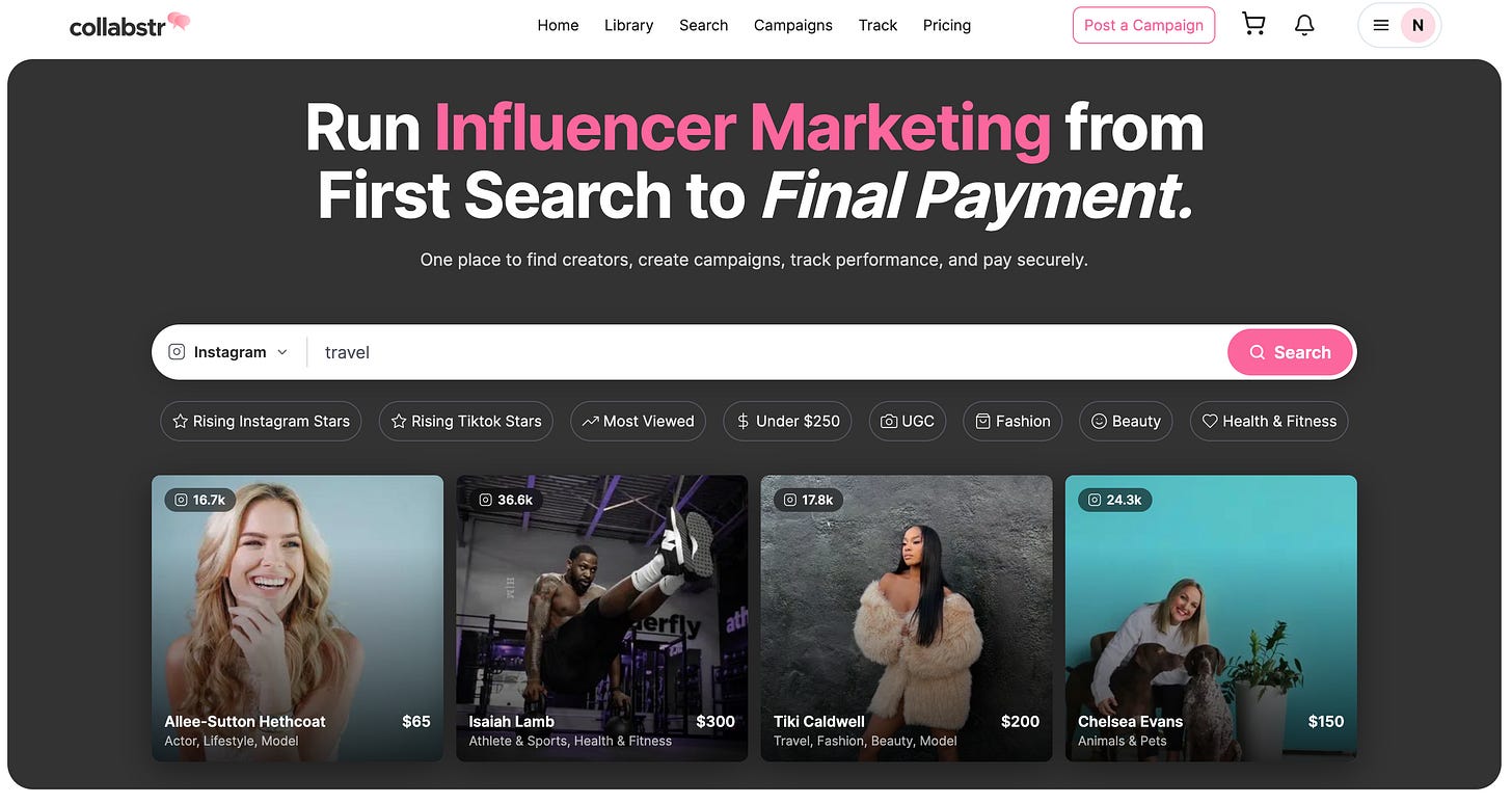 Screenshot of the Collabstr marketplace with the headline “Run Influencer Marketing from First Search to Final Payment,” a creator search bar, and cards of creators listing their rates.