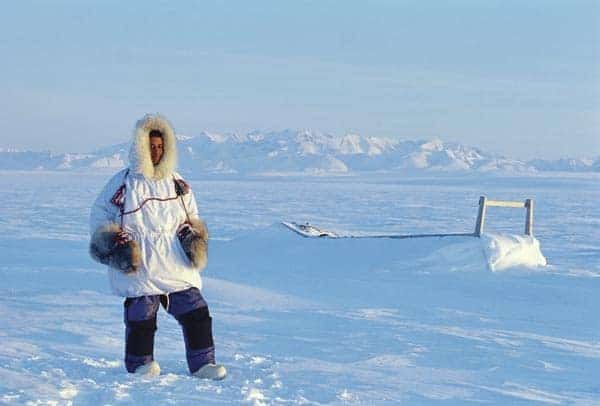 Photo of Banerjee standing in the Arctic.