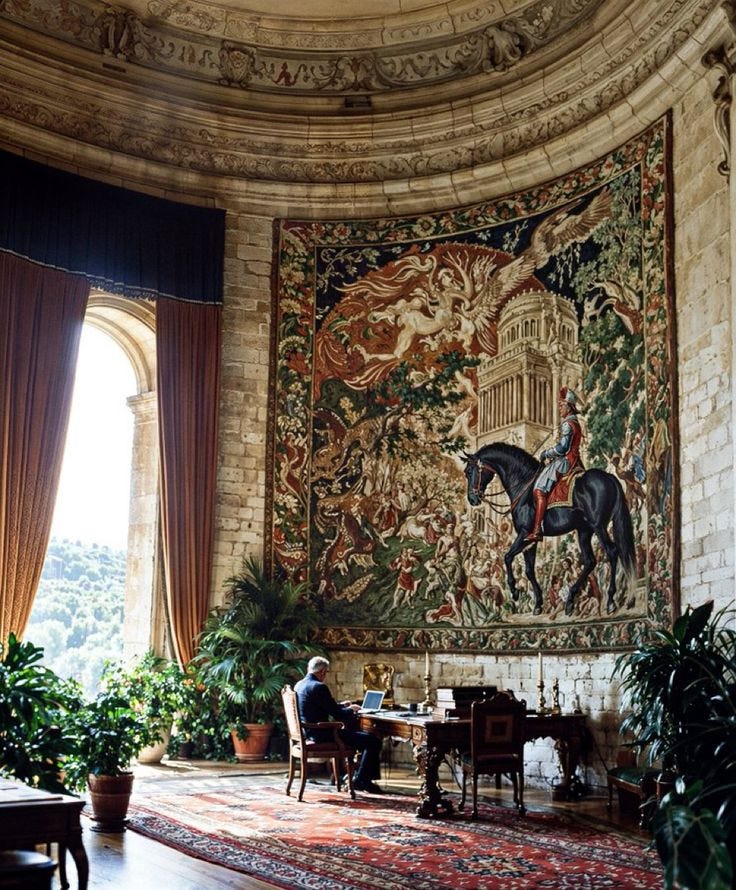 This may contain: a man sitting at a table in front of a tapestry on the wall next to a window