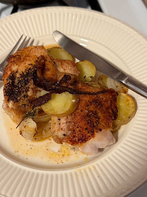 First plate is baked chicken thighs and potatoes, next is baked thighs on a baking sheet, and the third is cutting a piece of chicken with a fork and knife and sweet potato on plate