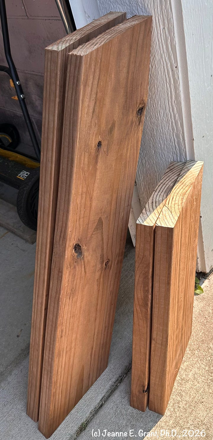 four photos showing pretreated wood on horses in a garage or standing against a wall