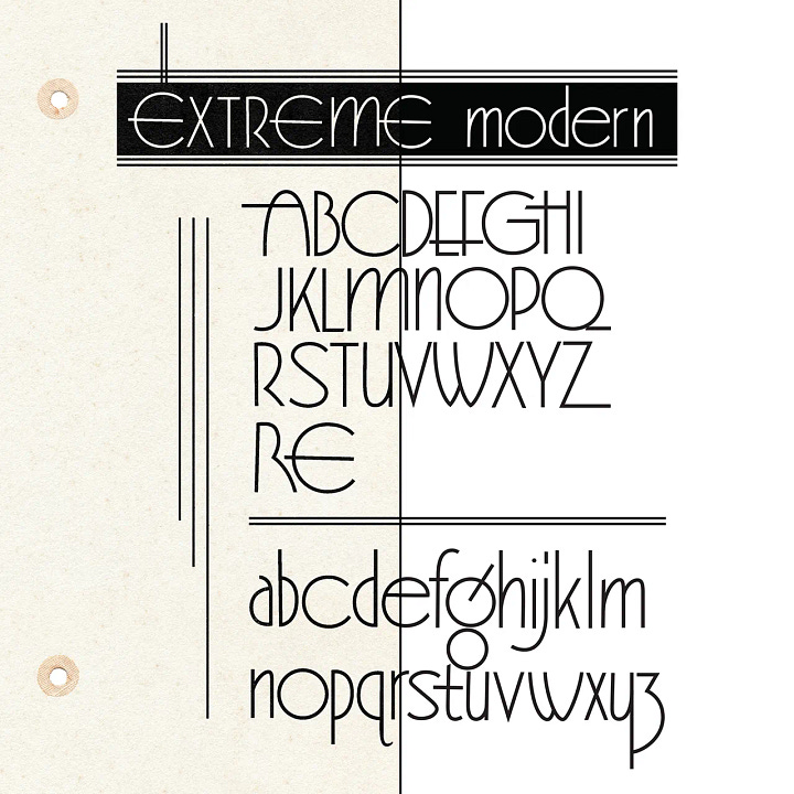 Scanned page from Signs of the Times — Alf R. Becker's Alphabet No. 41, Extreme Modern Sans Serif, a tall, thin-stroke Art Deco uppercase and lowercase with geometric proportions and refined, minimal detailing.