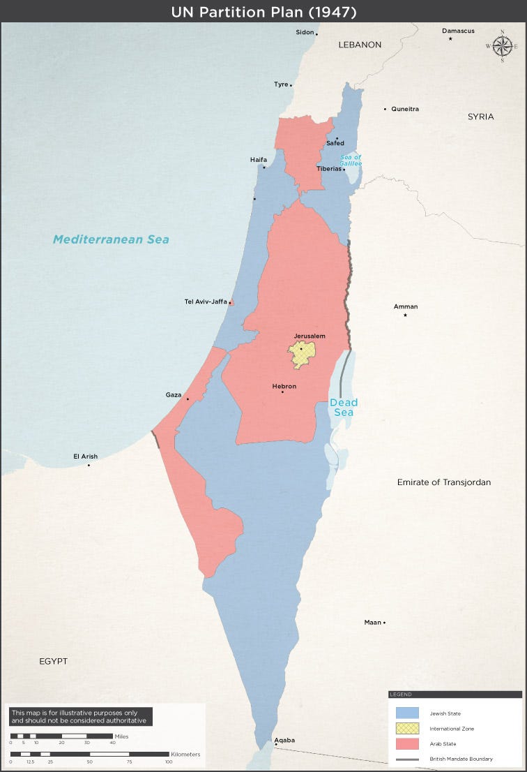 Proposition ONU 1947 : État juif en bleu, État arabe en rose, zone internationale en jaune Proposition ONU 1947 : État juif en bleu, État arabe en rose, zone internationale en jaune
