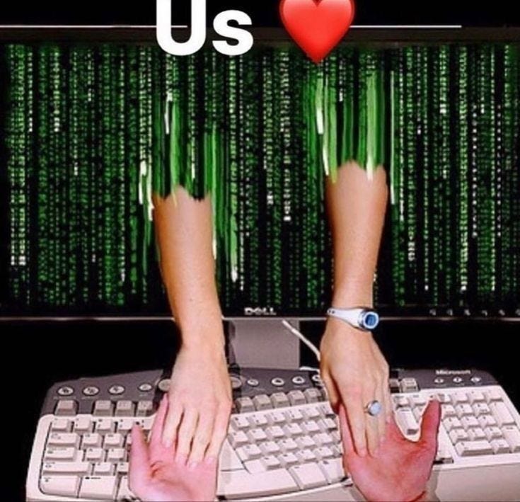This may contain: two hands typing on a keyboard in front of a computer screen with the words love us