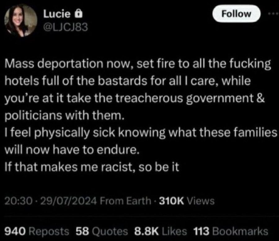 The image is a screenshot of a tweet from Lucie Connolly (@LIJCJ83) on the X platform, featuring a profile picture of a woman and text advocating for mass deportation, burning hotels, and targeting the government and politicians, expressing anger and despair about families' suffering. The post, dated 29/07/2024, has 310K views, 940 reposts, 8.8K likes, and other engagement metrics. Piers Morgan's reply post, visible in the context, criticizes the tweet as incitement to violence but argues the 31-month prison sentence for Connolly was excessive, noting she deleted it within 4 hours and expressed remorse. No platform watermarks are present beyond the X interface.