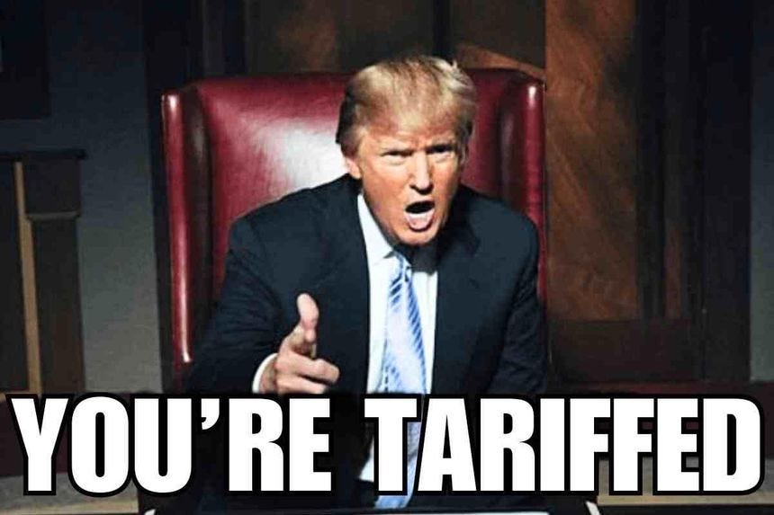 Donald Trump sitting in a chair with an expressive gesture, and the words "You're Tariffed" overlaid at the bottom of the Trump tariff meme.
