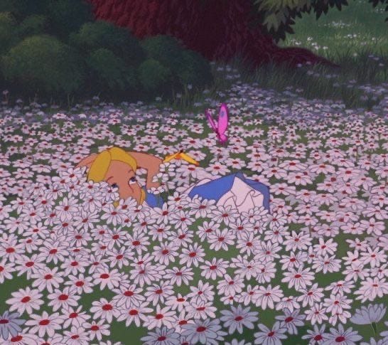 This may contain: two cartoon animals in a field of flowers