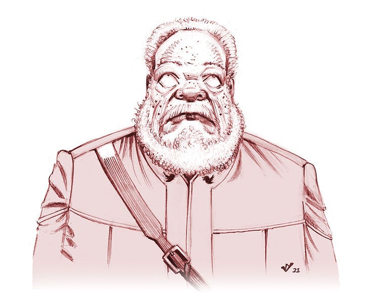 A sketch of a bearded man in a uniform with a strap, looking upward. The image has a monochrome red tone, creating a serious mood.
