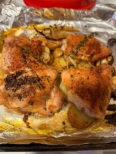 First plate is baked chicken thighs and potatoes, next is baked thighs on a baking sheet, and the third is cutting a piece of chicken with a fork and knife and sweet potato on plate