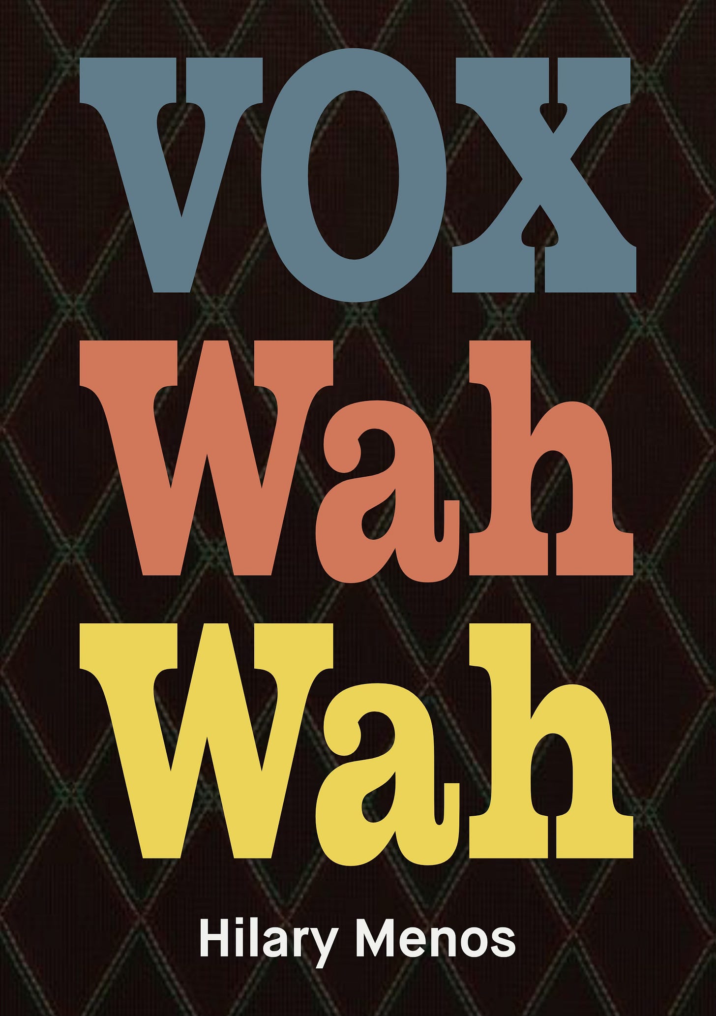 Book cover, black with a diamond pattern, with text in large caps in blue, orange and yellow. Book cover, black with a diamond pattern, with text in large caps in blue, orange and yellow.