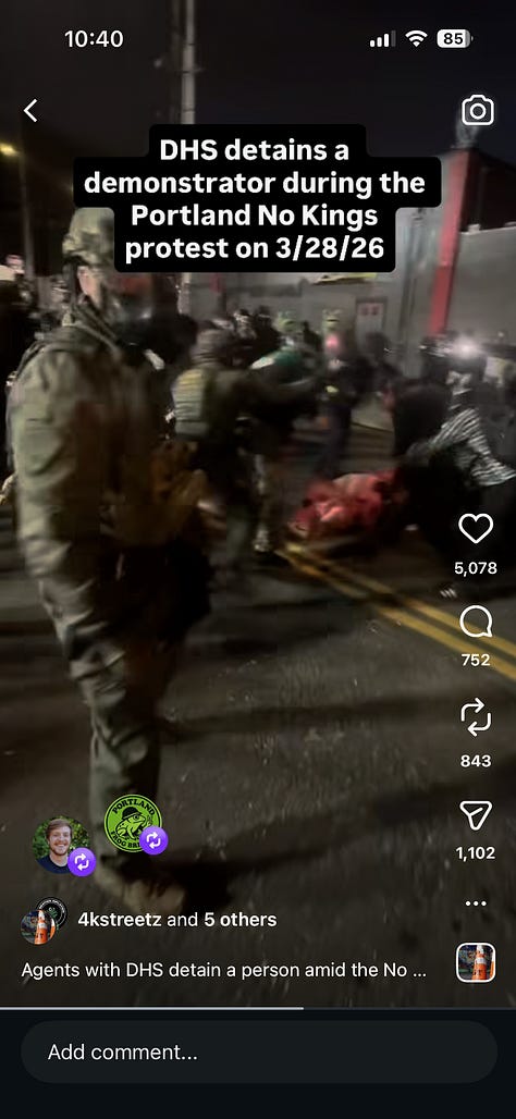 9 screen grabs from video showing ICE agents pursuing, hitting, and detaining protester in pink frog costume. The last three images show agent brandishing gun at bystanders.