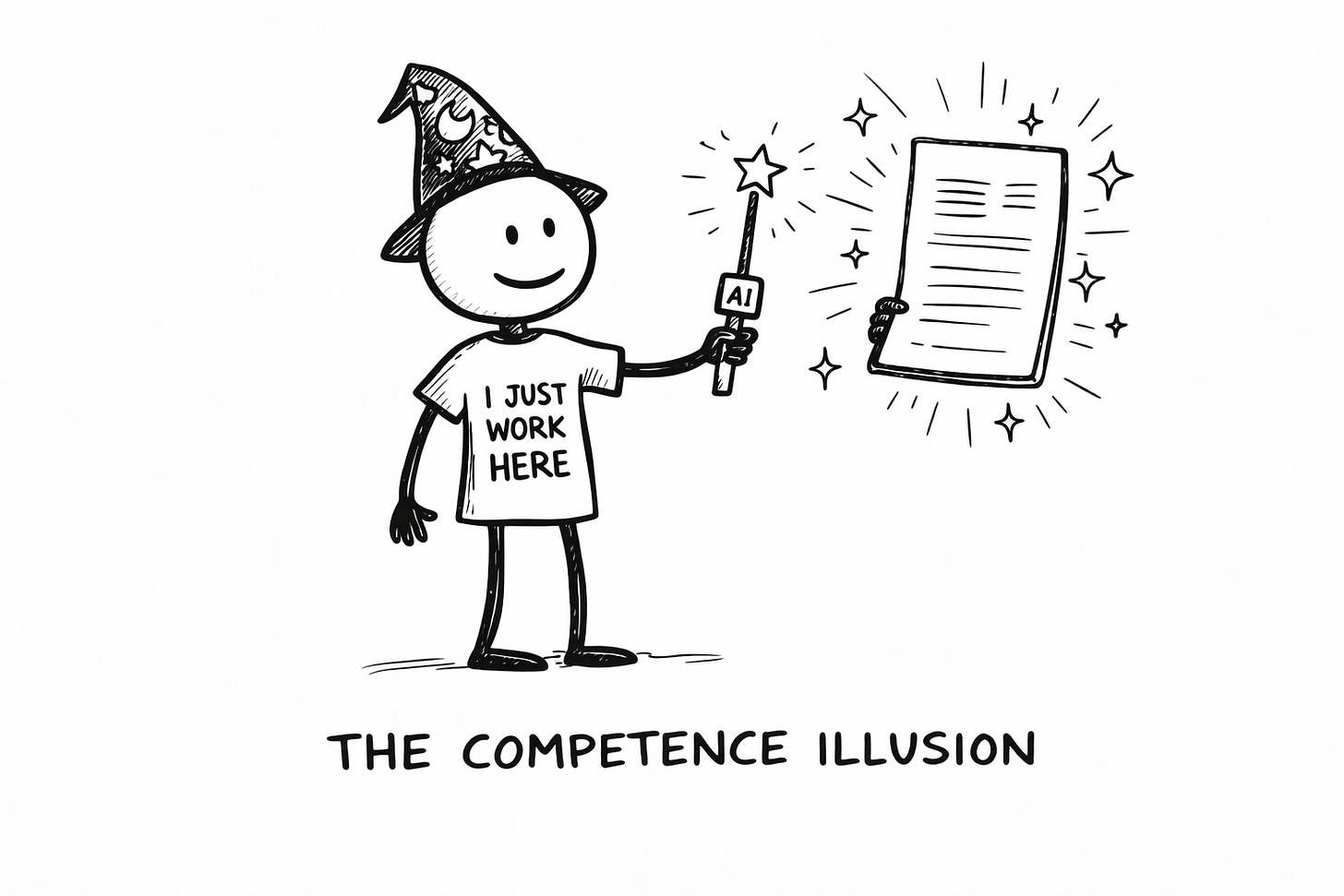 Hand-drawn whiteboard-style illustration of a smiling stick figure dressed as a wizard, wearing a shirt that reads “I JUST WORK HERE.” The figure holds a magic wand labeled “AI,” pointing it at a sparkling document floating nearby. The scene visually suggests that AI creates polished outputs independent of the user’s actual competence. Text below reads “THE COMPETENCE ILLUSION.”