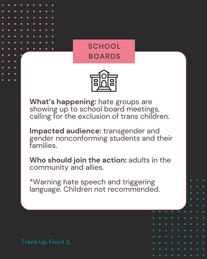 First image: Dark colored background with pink and blue dot designs. White square in center with text: "School Boards | What's happening: hate groups are showing up to school board meetings, calling for the exclusion of trans children. | Impacted audience: transgender and gender nonconforming students and their families. | Who should join the action: adults in the community and allies. | *Warning hate speech and triggering language. Children not recommended." Second image: Dark colored background with pink and blue dot designs. White square in center with text: "School Boards | Keep it professional. Don't boo the other speakers, use actions like turning your back to them or holding up signs to show disagreement. | Bring or wear pride gear to show what side you are on. | If you plan on speaking, research and write a speech before attending including personal stories, statistics, and laws. | Look into what the school is doing, and if they are doing the right thing, make sure to thank them!"