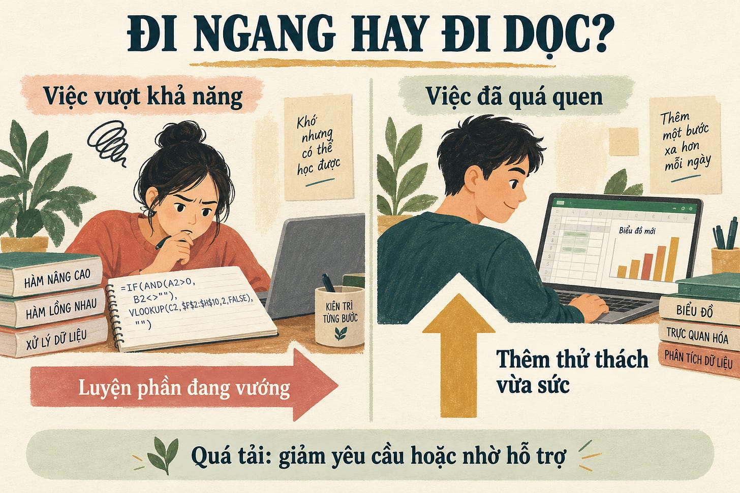 Hai cảnh làm Excel: luyện phần đang vướng với mũi tên sang phải và thêm thử thách vừa sức với mũi tên hướng lên.