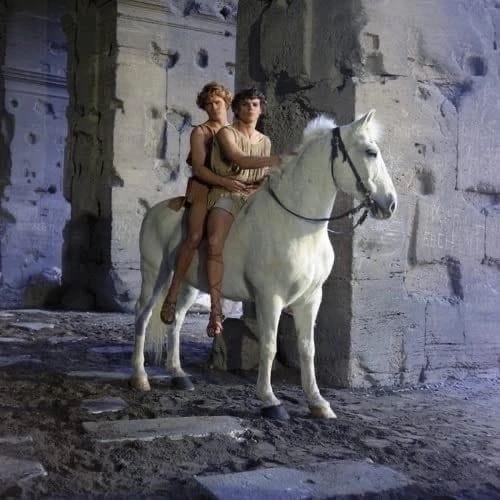 This may contain: two people sitting on a white horse in an old building with stone floors and pillars