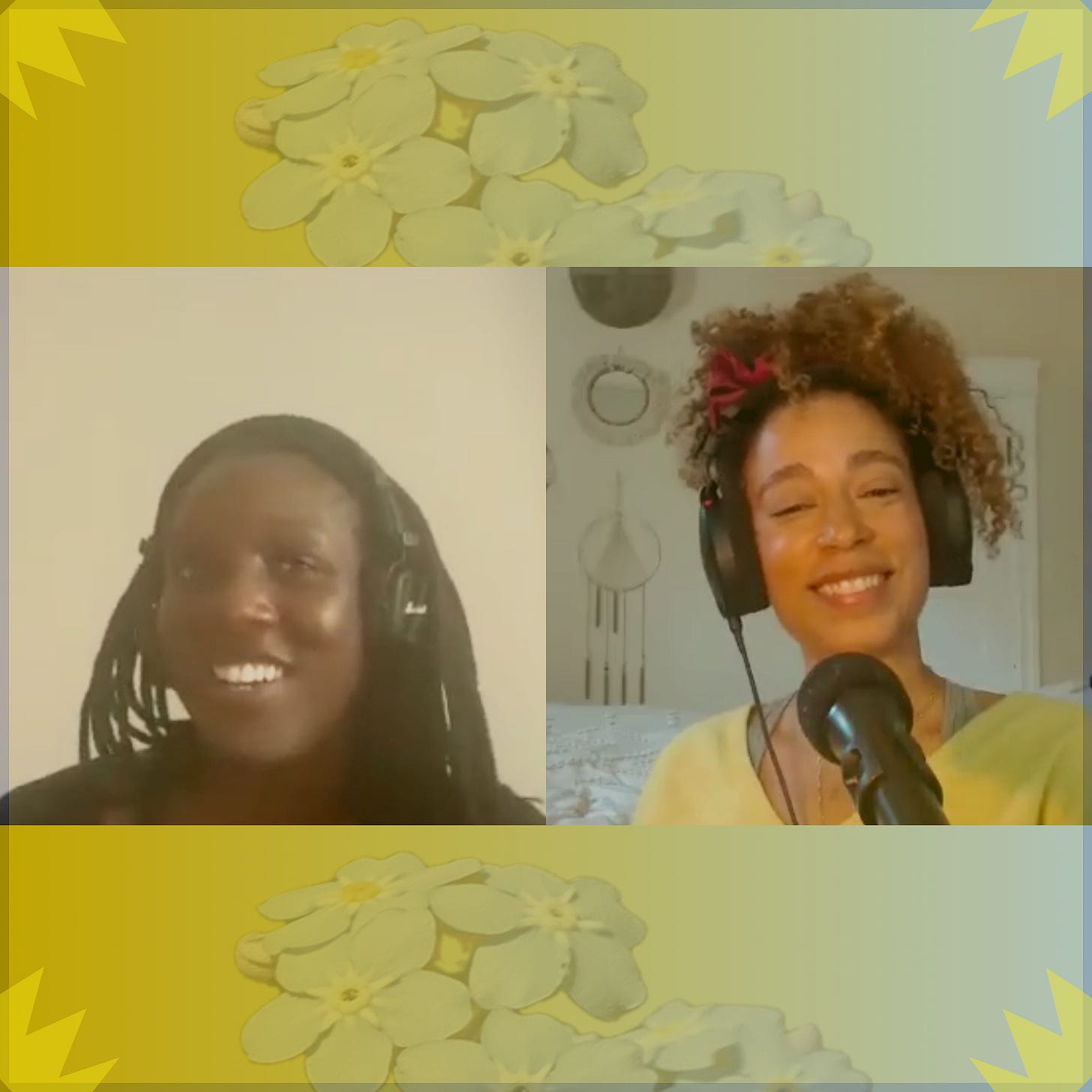 A square with a yellow and blue gradient background, blue periwinkle flowers in the middle and little yellow crowns in the corner. In the center of the square are two Black women smiling and wearing headphones. A square with a yellow and blue gradient background, blue periwinkle flowers in the middle and little yellow crowns in the corner. In the center of the square are two Black women smiling and wearing headphones.