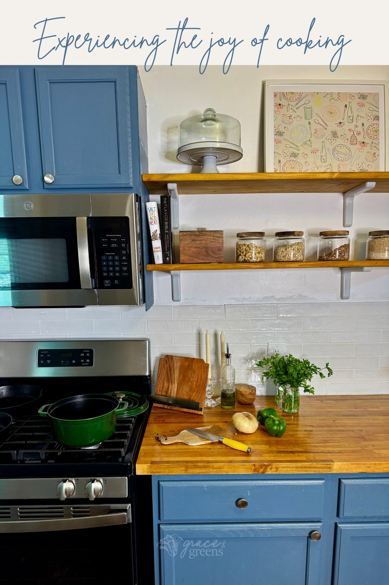 blue kitchen with items cooking on the stove blue kitchen with items cooking on the stove