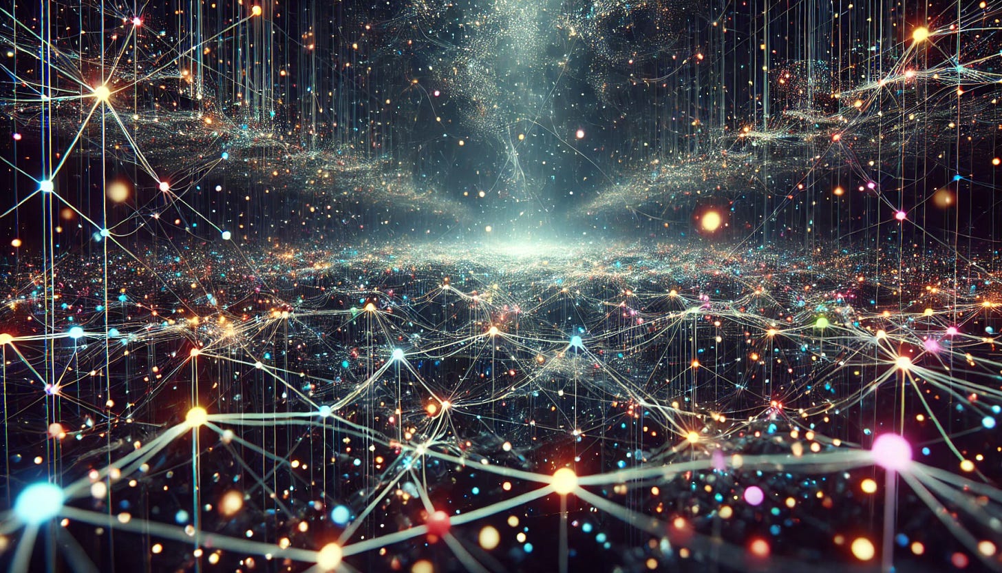 A vast, dark room filled with floating, interconnected dots in various colors, stretching infinitely. Each dot is connected to others with shimmering, delicate threads, creating a web of high complexity. An ethereal light flows through the network, representing a data flow through neural networks, suggesting the enigmatic inner workings of artificial intelligence. The scene feels infinite and surreal, with hints of mystery and advanced technology.
