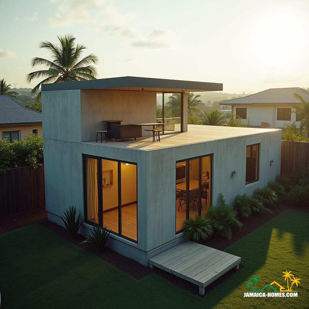 Compact Rooftop Deck Home – Kingston
Design: Single 24-ft module with flat roof doubling as small rooftop deck.
Materials: Concrete, steel, glass panels, timber deck.
Features: Solar panels, rainwater system, small garden patch at ground level, vertical thin windows.
Environment: Urban Kingston lot, cityscape background, tropical sun, small surrounding yard.
Style Notes: Ultra-modern, minimalist, small footprint with outdoor space.